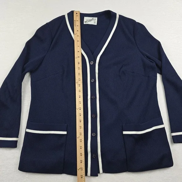 Vintage Miss Accent Act III Cardigan Sweater Navy Blue White Piping - Picture 4 of 7